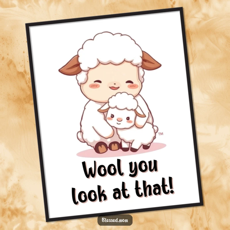 Cute Free Printable Wall Art: Contented sheep mom nuzzles her fluffy lamb, creating a peaceful and loving scene.