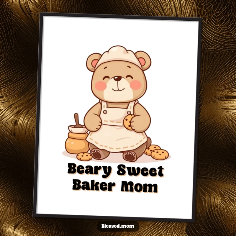 Funny Free Printable Wall Art: Bear Mom Wearing Apron Happily Baking Cookies with a Smile