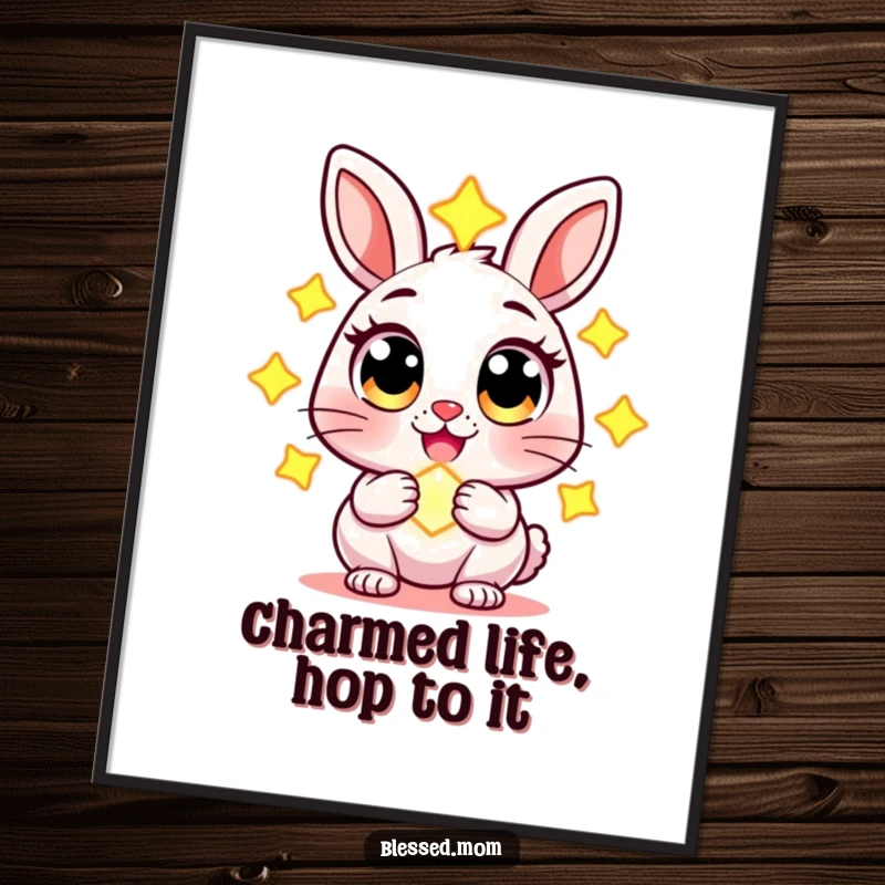 Funny free printable wall art of a cheerful rabbit with wide eyes, holding a glowing charm, adding a touch of magic.