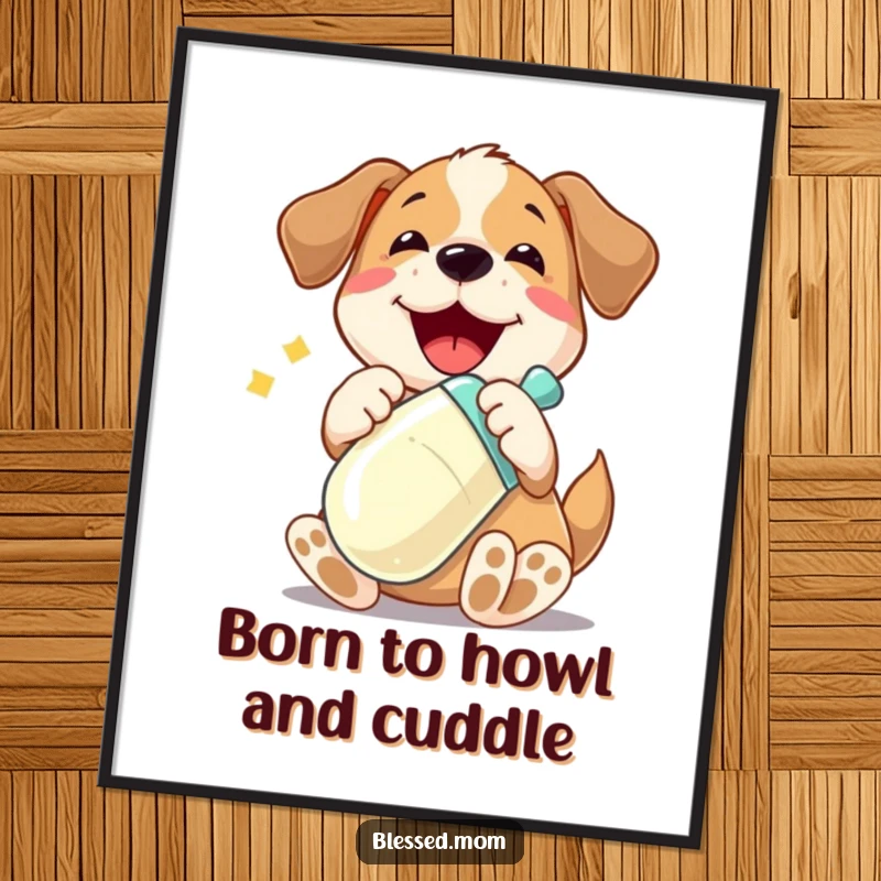 Funny free printable wall art of a playful dog character joyfully cradling a shiny baby bottle, bringing cute charm to any room.
