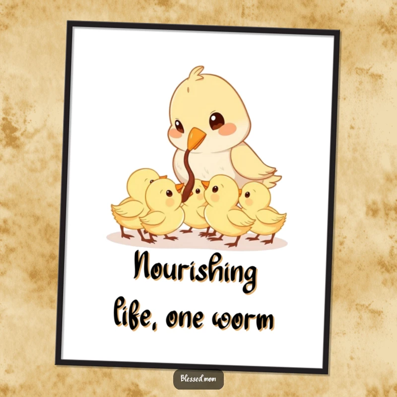 Funny Free Printable Bird Wall Art: Kawaii mama bird tenderly feeding a worm to her hungry chicks.