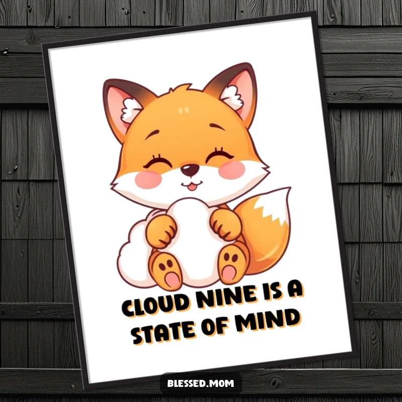 Funny Free Printable Wall Art: A blissfully happy fox with paws gently caressing a soft, fluffy cloud.