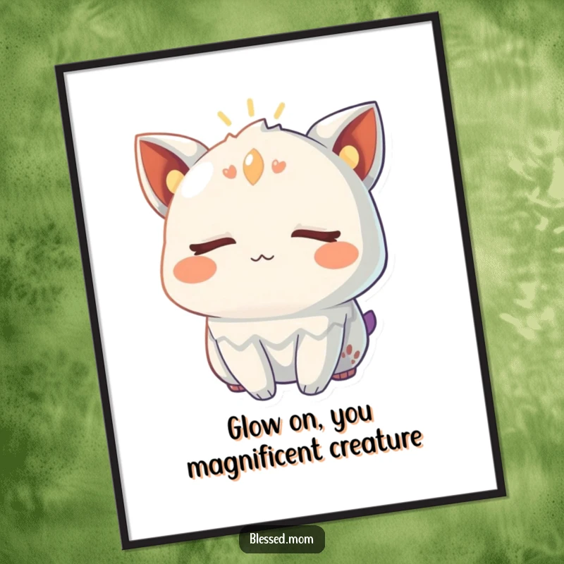 Funny Free Printable Wall Art: Creature with eyes closed, radiating warm gentle glow, peaceful, serene downloadable art.