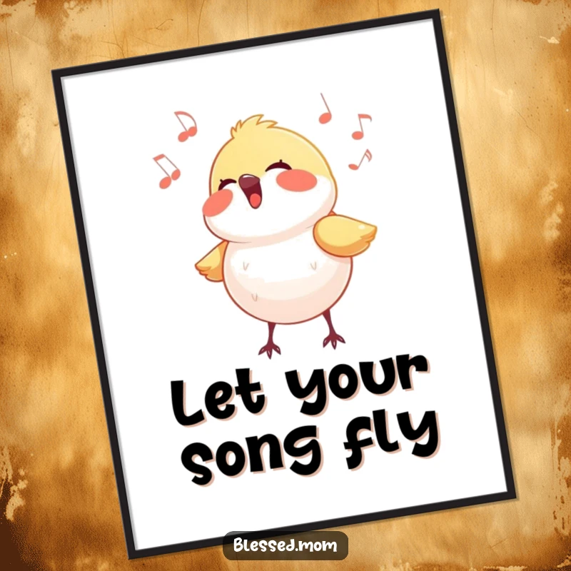 Funny Free Printable Wall Art: A vibrant small bird singing its heart out with a halo of light, radiating pure joy.