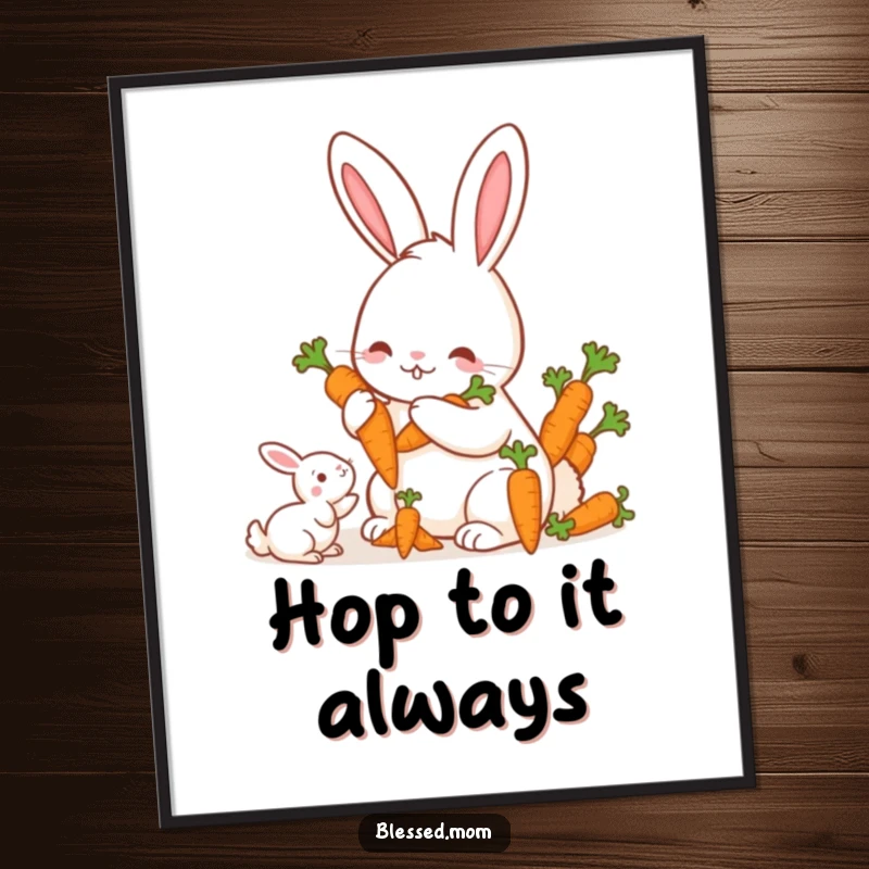 Funny Free Printable Wall Art: A kawaii mother rabbit offering a bunch of carrots to her offspring, heartwarming scene.