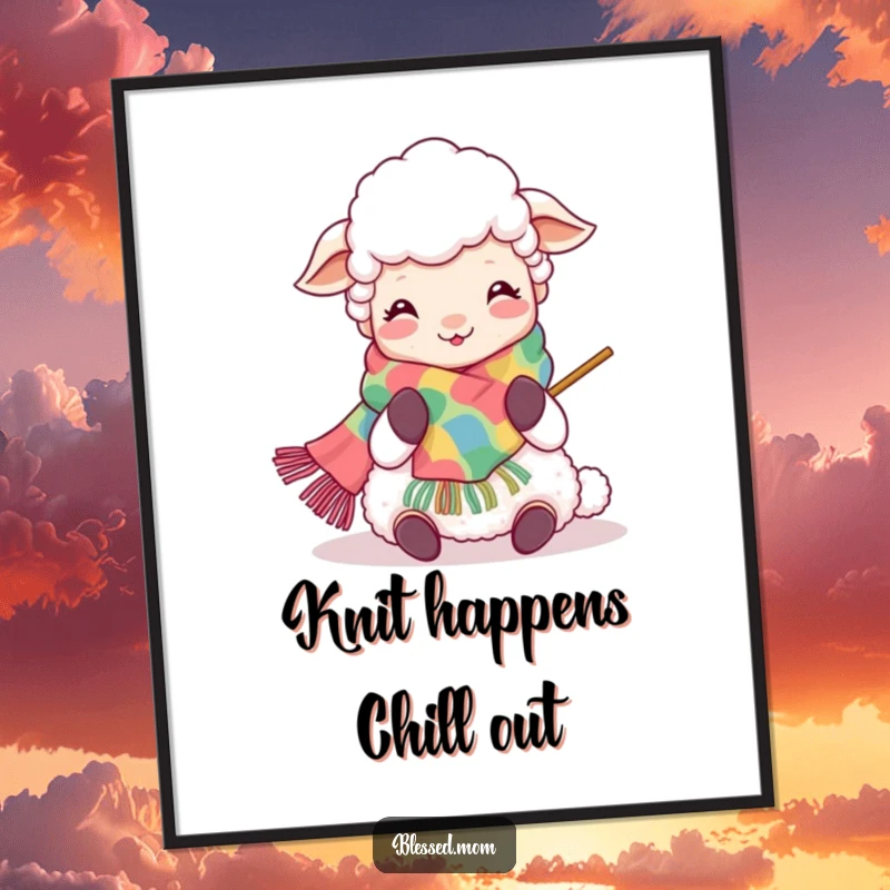 Funny Free Printable Wall Art: Joyful kawaii sheep mom happily knitting a colorful scarf, perfect DIY home decor.