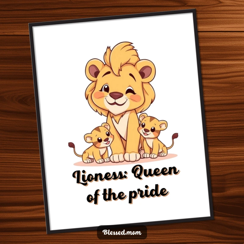 Free printable wall art of a proud lioness with a smile, watching her cubs play.