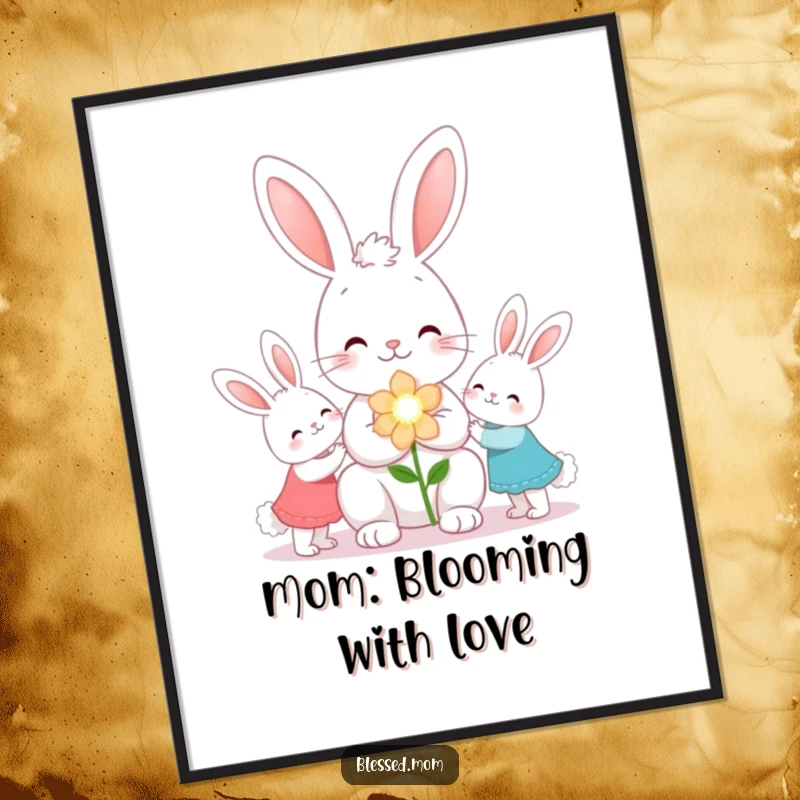 Funny Free Printable Kawaii Bunny Mom presenting sparkling flowers to her children, great for wall art.