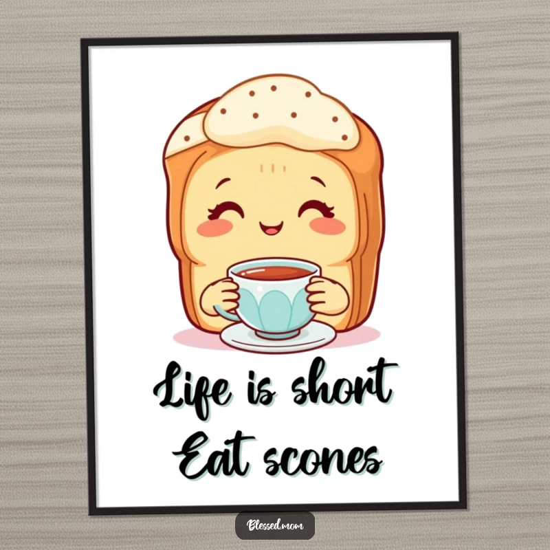 Free Printable Wall Art: Smiling mother scone offering a tiny cup of tea, adding quirky charm. Downloadable kitchen decor.