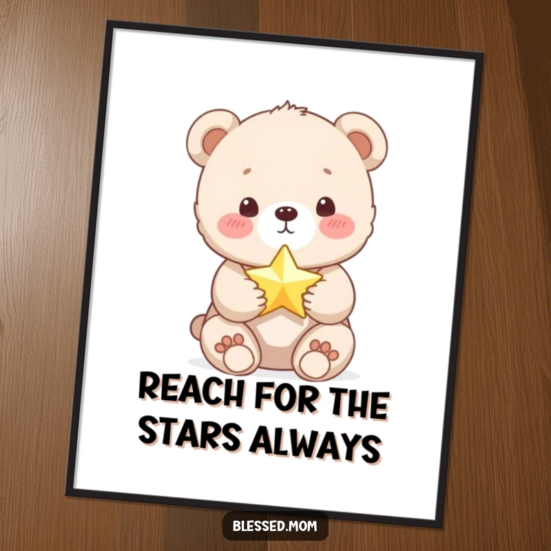 Funny Free Printable Wall Art: Whimsical bear cub gazing at a tiny, shimmering star, perfect for cozy spaces.