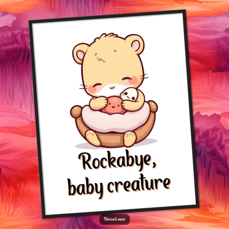 Funny Free Printable Wall Art: Animal gently rocking a miniature object, showing nurturing care, cute, calming downloadable art.