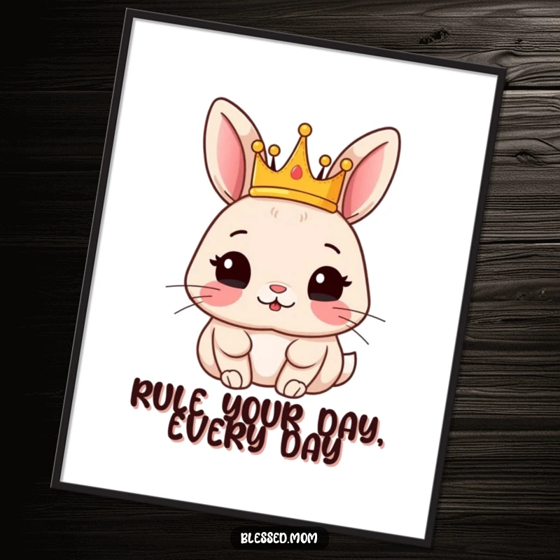 Funny Free Printable Wall Art: An adorable rabbit sporting a small crown, exuding contented regality and quirky charm.