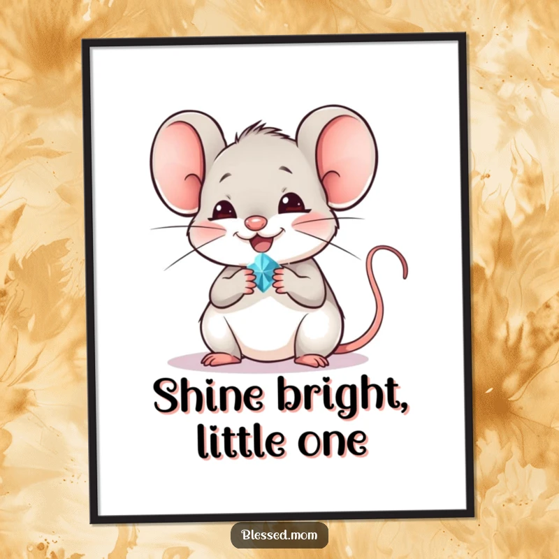 Funny Free Printable Wall Art: A beaming mouse proudly holding out a tiny, dazzling jewel, radiating joy and wonder.