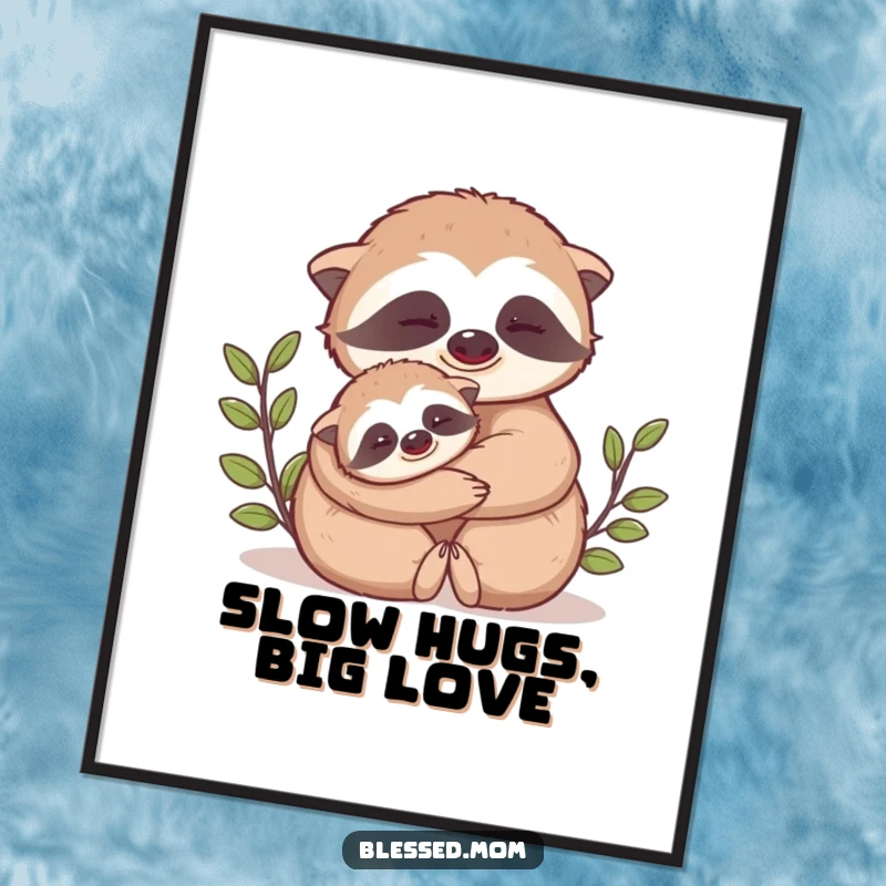 Funny Free Printable Sloth Wall Art: Kawaii mama sloth giving her baby sloth a slow, loving hug.