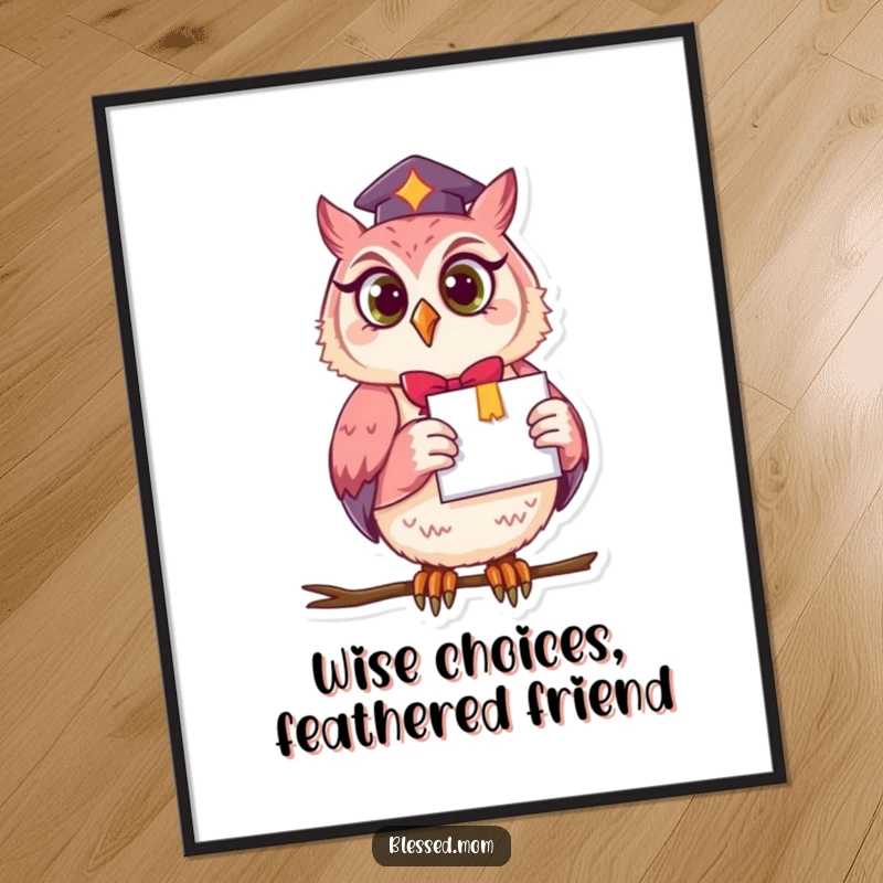 Funny Free Printable Wall Art: Enthusiastic owl mom holds a diploma, symbolizing wisdom and academic success.