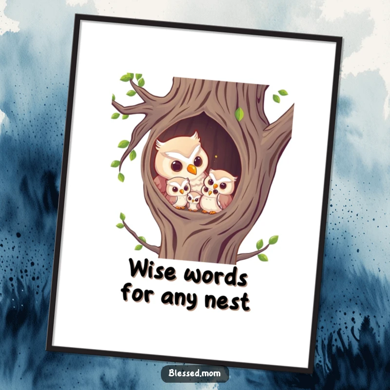 Free Printable Wall Art: Wise owl mom hooting to owlets in a cozy tree hollow, creating a peaceful, charming scene. Downloadable decor.