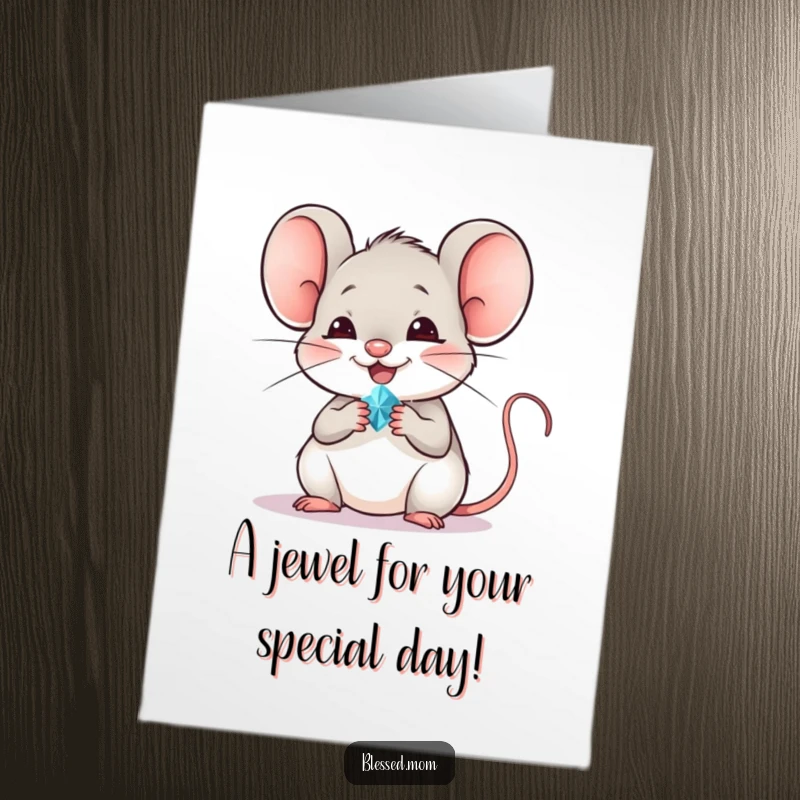 Funny Free Printable Birthday Card: A happy mouse presenting a small, glittering jewel with a wide, cheerful smile.