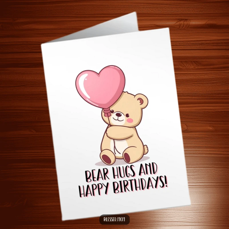 Funny Free Printable Kawaii Bear Mom hugging a large red balloon with a white heart, celebrating a birthday.