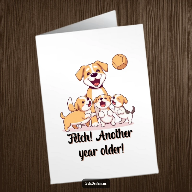 Funny Free Printable Birthday Card: Dog mom joyfully tosses ball for hyper puppies, celebrating your special day. Ultimate DIY gift.