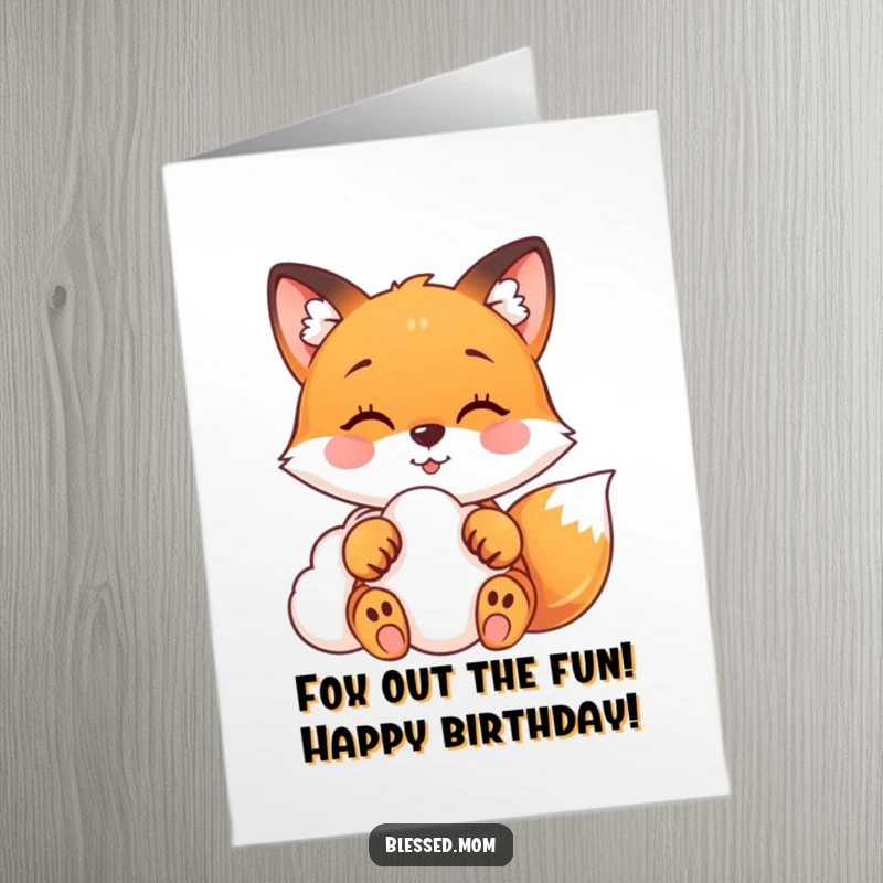 Funny Free Printable Birthday Card: A joyful fox with its paws softly resting on a fluffy white cloud.