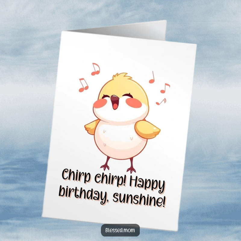 Funny Free Printable Birthday Card: Energetic small bird belting out a tune with bright, joyful light surrounding it.