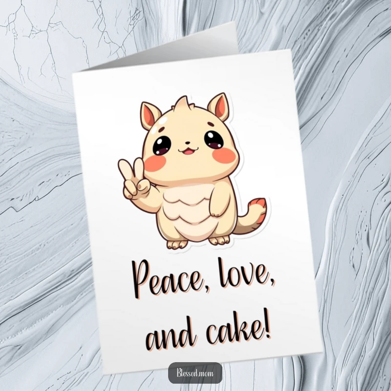 Funny Free Printable Birthday Card: Grateful creature looks up, holding peace sign, wishing happy birthday, funny expression, downloadable art.