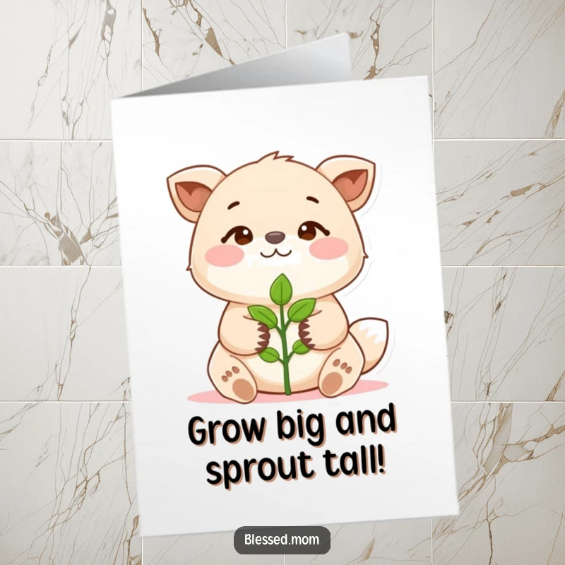 Funny Free Printable Birthday Card featuring a proud animal holding a tiny sprout, symbolizing growth and new beginnings.