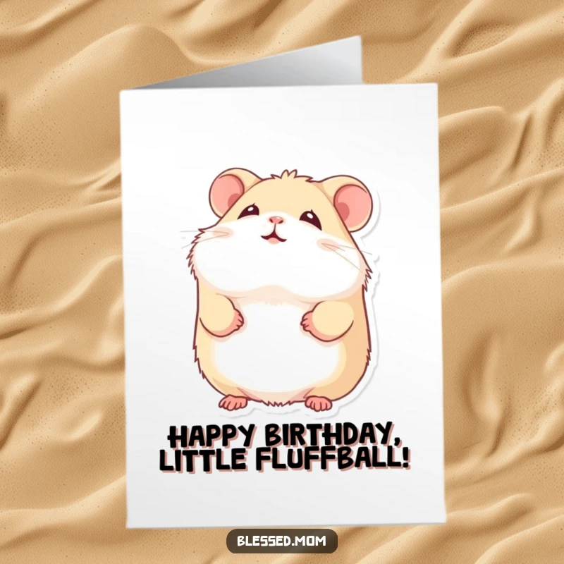 Funny Free Printable Birthday Card: A fluffy hamster with a soft smile, gazing peacefully upwards.