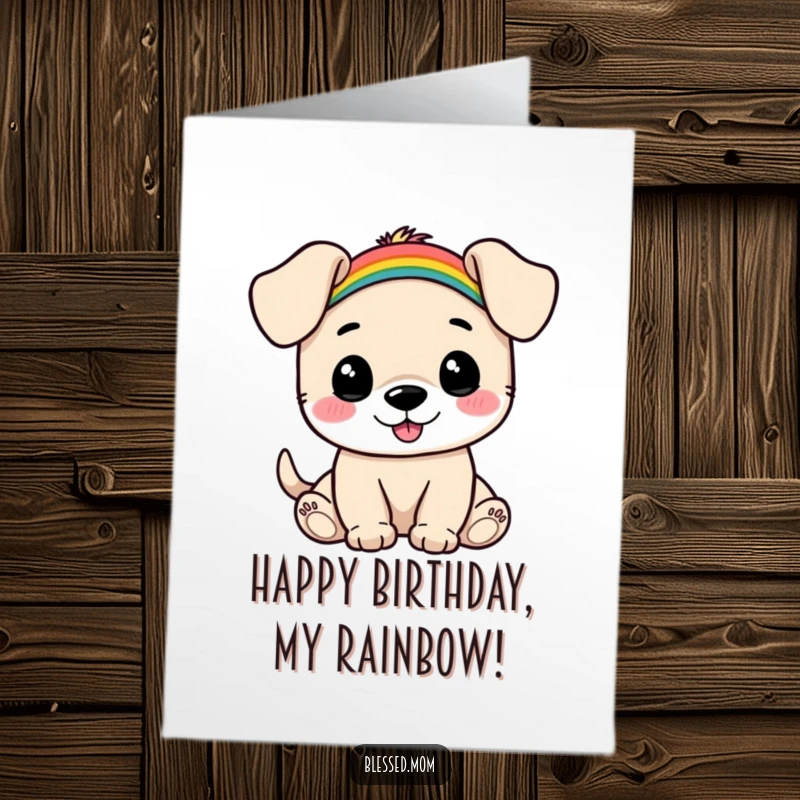 Funny Free Printable Birthday Card: A happy puppy joyfully balancing a small, vibrant rainbow on its head.