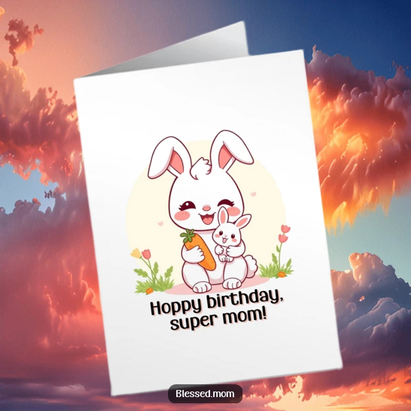 Free printable birthday card featuring a cheerful bunny mom holding a baby bunny and a carrot.