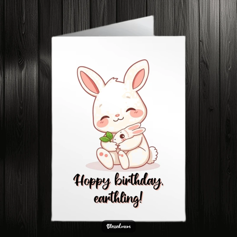 Funny Free Printable bunny mom with a gentle smile cradling a tiny green sprout, perfect for a birthday card.