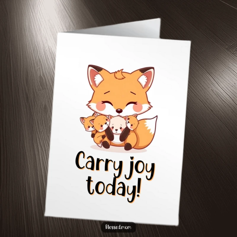 Funny Free Printable Fox Birthday Card: Kawaii mama fox carrying her kits playfully, celebrating a birthday.