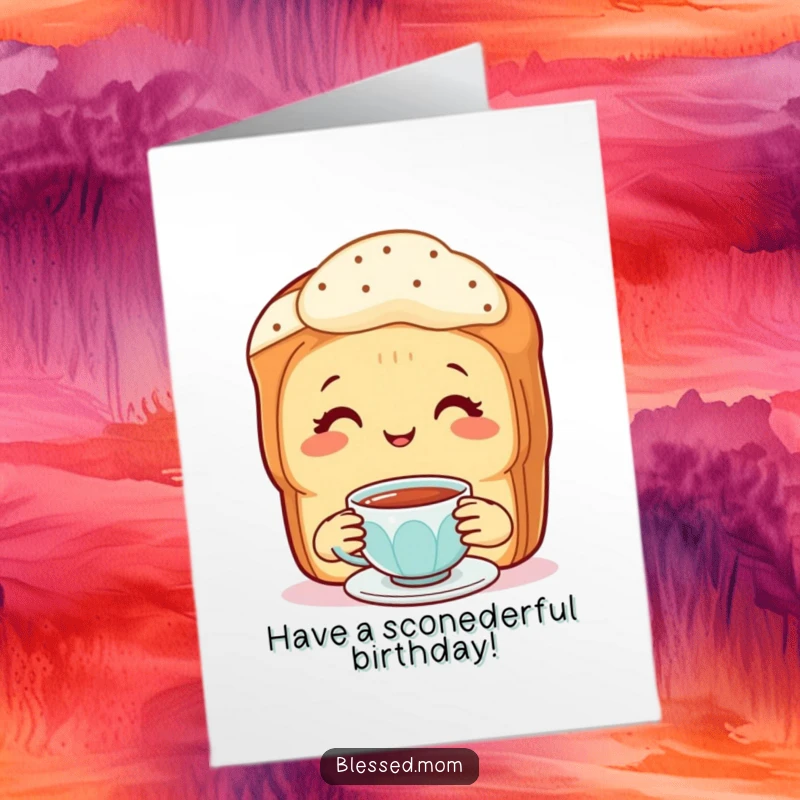 Free Printable Birthday Card: Smiling mother scone offering tiny tea cup, celebrating your birthday. A perfectly delightful gift.