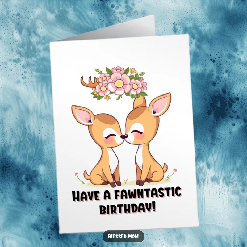 Cute Free Printable Birthday Card: Kawaii deer mom gazes lovingly at a flower crown, exuding sweet birthday wishes.