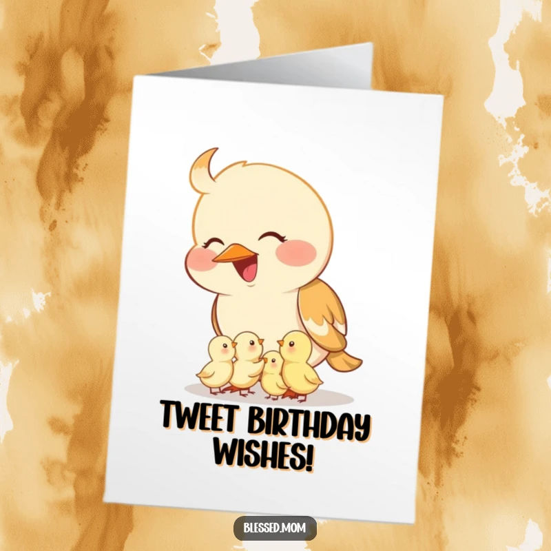 Funny Free Printable smiling mama bird feeding tiny chicks from her beak for a birthday card.