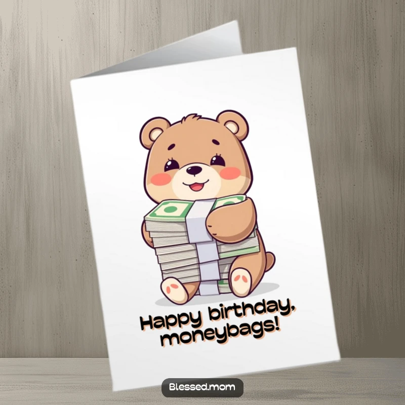 Funny free printable birthday card featuring a smiling bear character happily hugging a large stack of bills, wishing wealth and joy.