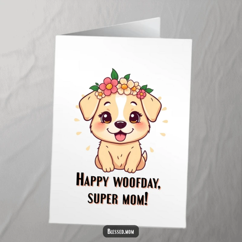 Funny Free Printable Birthday Card: Dog Mom with Flower Crown Radiating Warmth and Happiness for Birthday