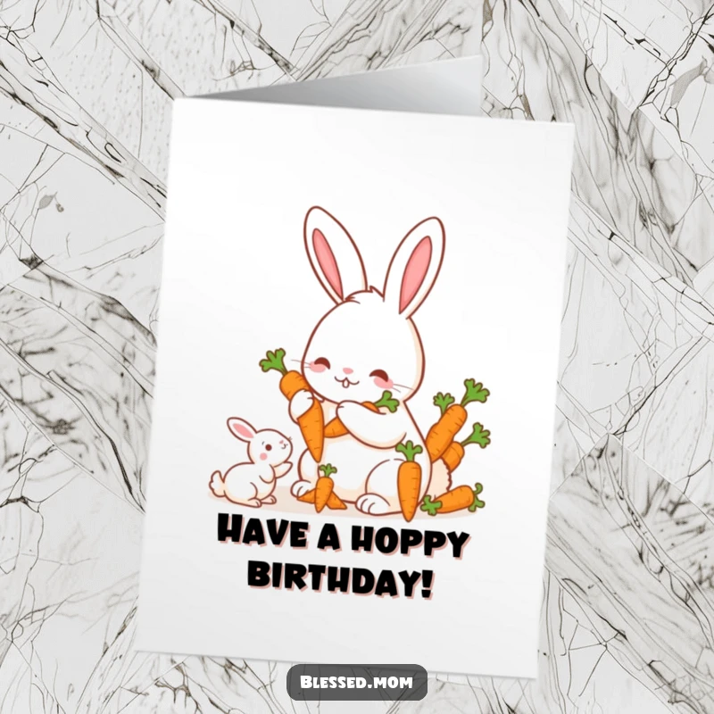 Funny Free Printable Birthday Card: A kawaii mother rabbit offering carrots to her offspring, celebrating joyously.