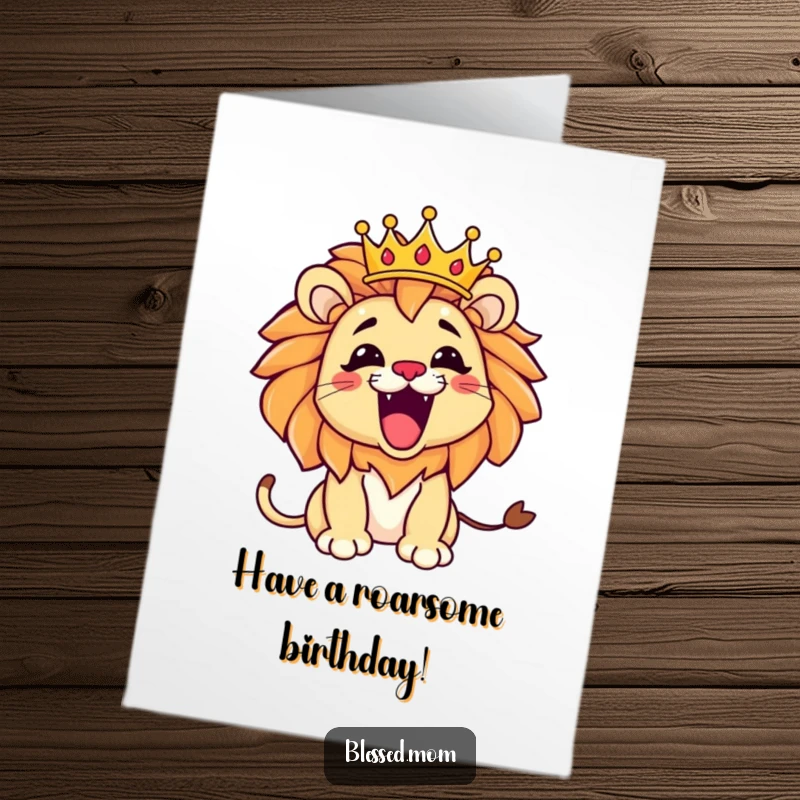 Funny Free Printable Birthday Card: Kawaii lion mom playfully roars wearing a tilted crown, a regal DIY gift.