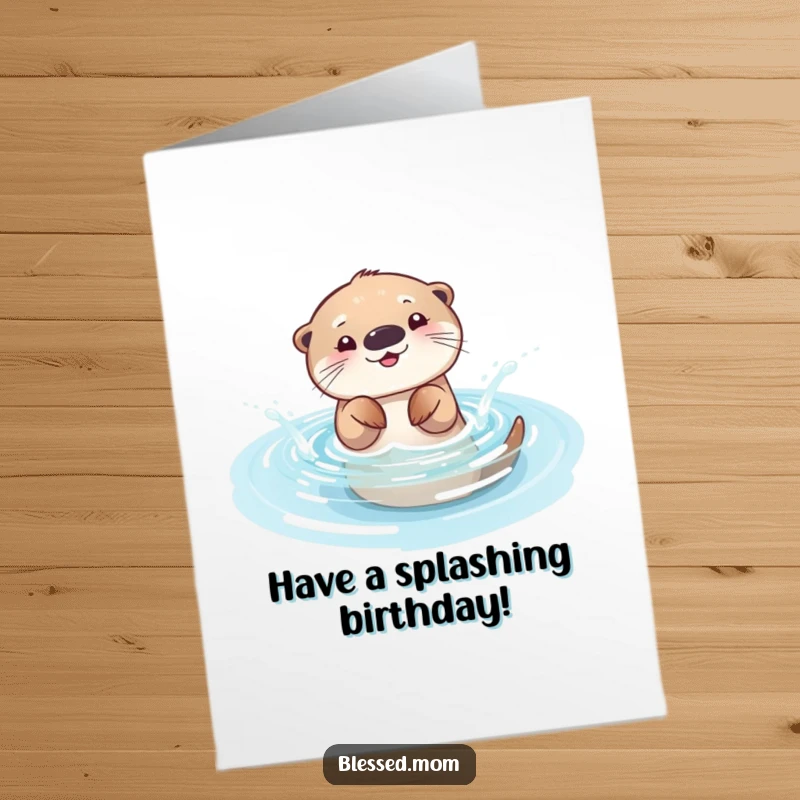 Funny Free Printable playful otter mom splashing happily in a shallow, sparkling pool for a birthday card.