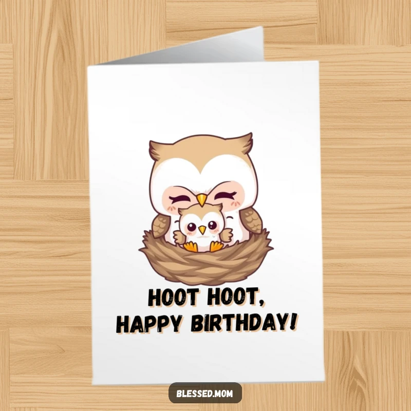 Funny Free Printable Birthday Card: Motherly owl tucking baby owl into nest, heartwarming and humorous.