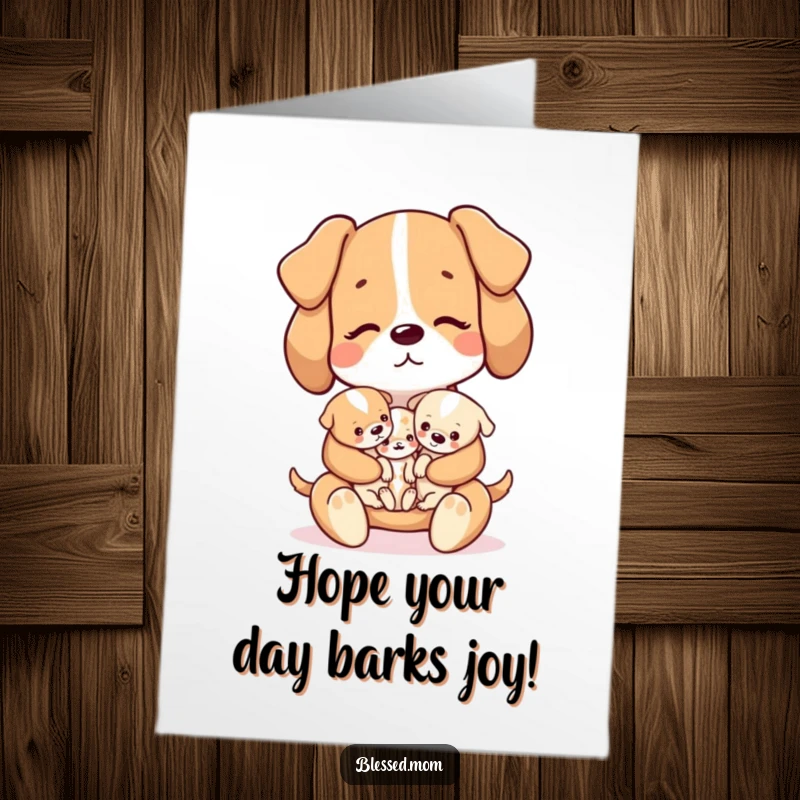 Funny Free Printable Kawaii Dog Mom gently holding a litter of tiny puppies on a birthday card.