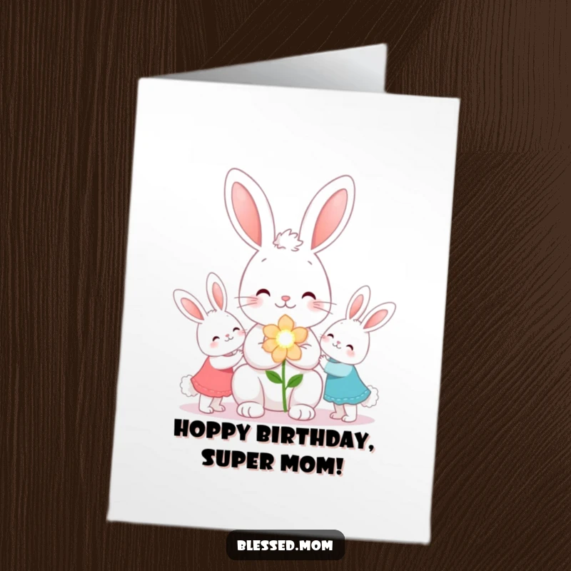 Funny Free Printable Kawaii Bunny Mom presenting a sparkling flower to each child for a birthday card.