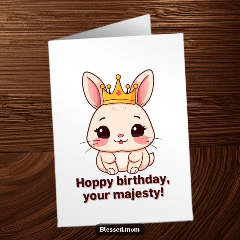 Funny Free Printable Birthday Card: A cute rabbit looking very pleased with a small, golden crown perched upon its head.