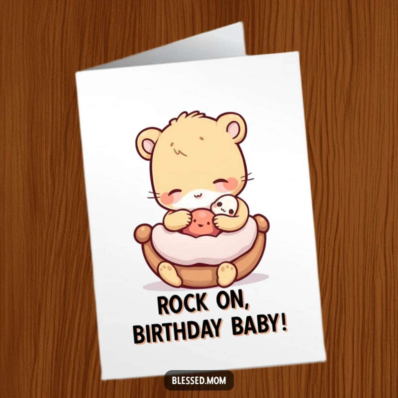 Funny Free Printable Birthday Card: Animal gently rocking a miniature object, nurturing, showing care, birthday wish, downloadable art.