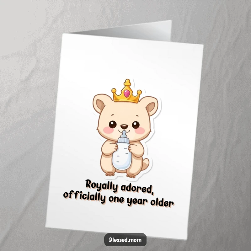 Funny Free Printable Birthday Card: Tiny crowned animal with baby bottle looking proud. A hilarious downloadable gift.