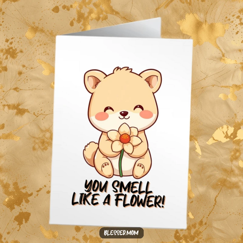 Funny Free Printable Birthday Card with a smiling animal gently holding a delicate flower, spreading cheer.