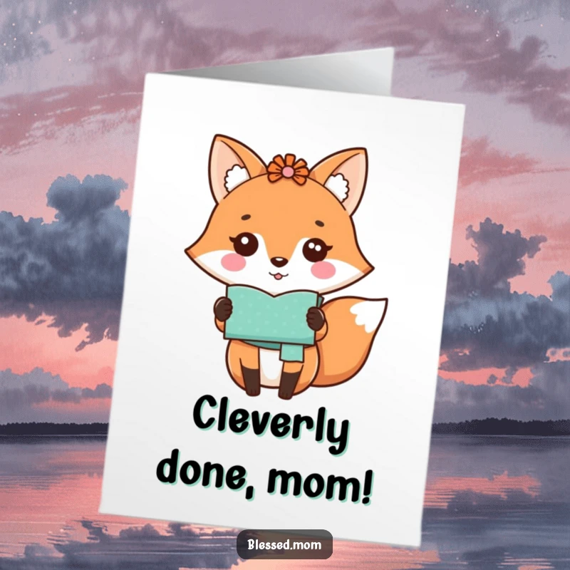 Funny Free Printable Kawaii Fox Mom proudly displaying a handmade craft, perfect for congratulations.