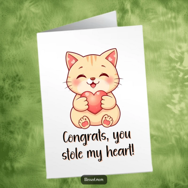 Funny Free Printable Congratulations Card: Sweet cat cradling a small, glowing heart, symbolizing heartfelt congratulations.