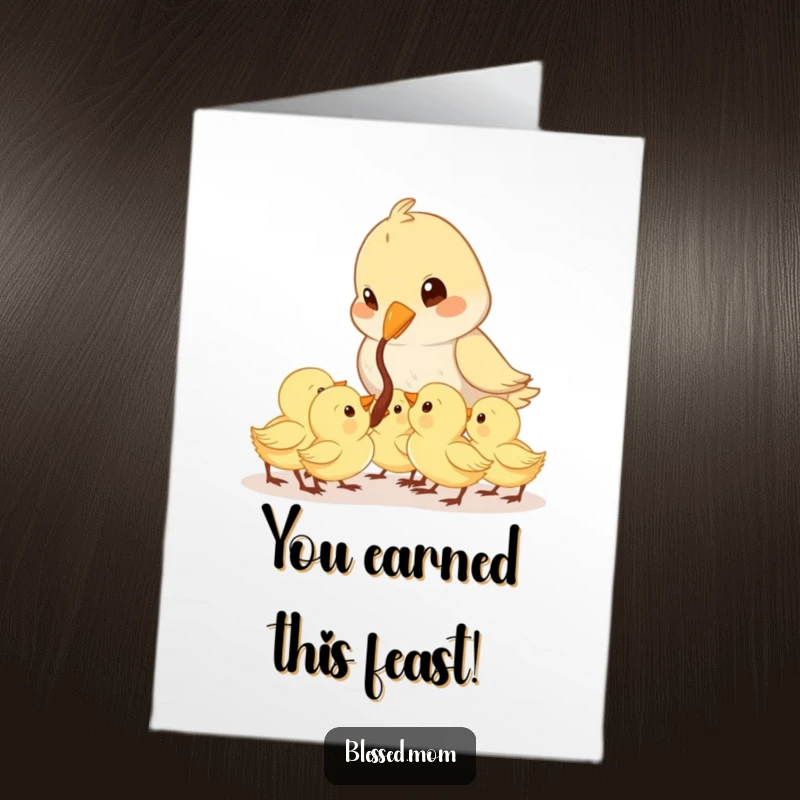Funny Free Printable Bird Congratulations Card: Kawaii mama bird feeding a worm to eager chicks, celebrating achievements.